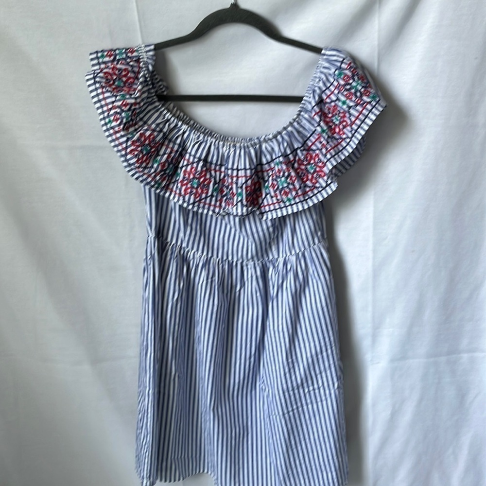 Flying Tomato Embroidered Stripe Off Shoulder Dress Blue White Medium